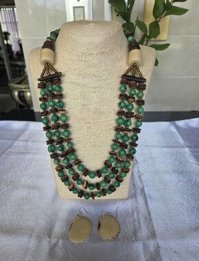 Organic Tagua Nut MultiStrand Necklace Set, Green Brown, Earrings, Handmade